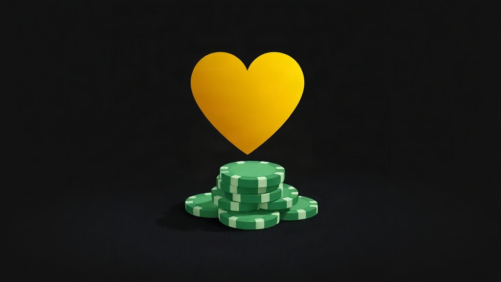 A large gold heart floating above a small pile of green chips on a dark background, illustrating basic strategy against a dealer 8