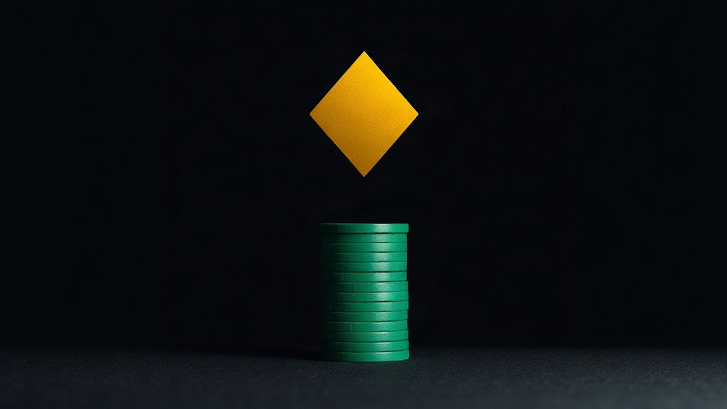 A gold diamond floating above a tall stack of green chips on dark felt, illustrating basic strategy against a dealer 5
