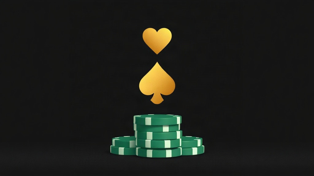A gold heart and a gold spade stacked above a stack of green chips on dark felt, illustrating basic strategy against a dealer 4