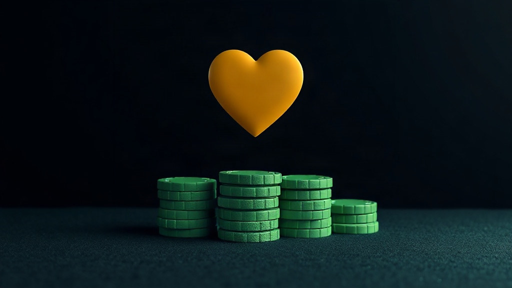 Four stacks of green chips of different heights beneath a floating gold heart on dark felt, illustrating basic strategy against a dealer 7