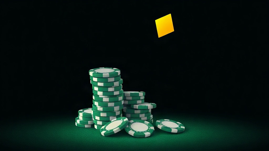 A tall stack of green chips leaning over on dark felt beneath a gold diamond, illustrating basic strategy against a dealer 6