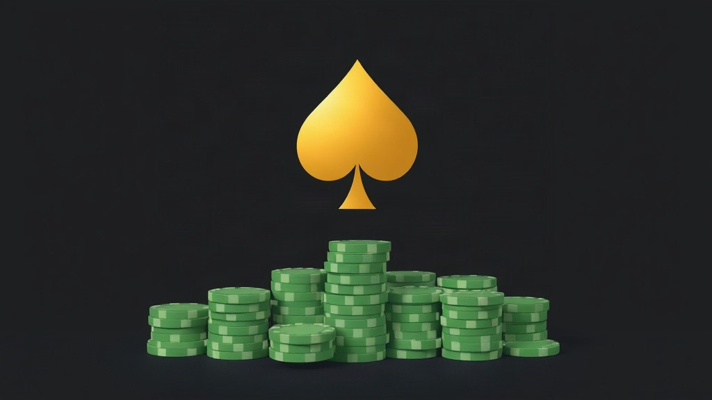 A large gold spade above a cluster of green chip stacks on a dark background, illustrating basic strategy against a dealer 10