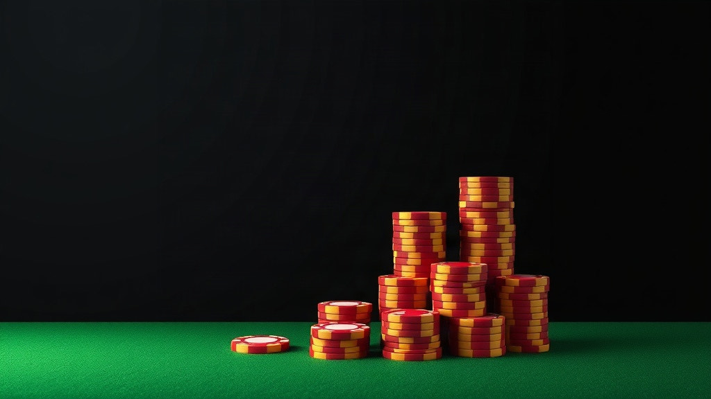 Poker chip stacks rising from a single chip to tall towers on green felt, illustrating how card counters size bet spreads in blackjack