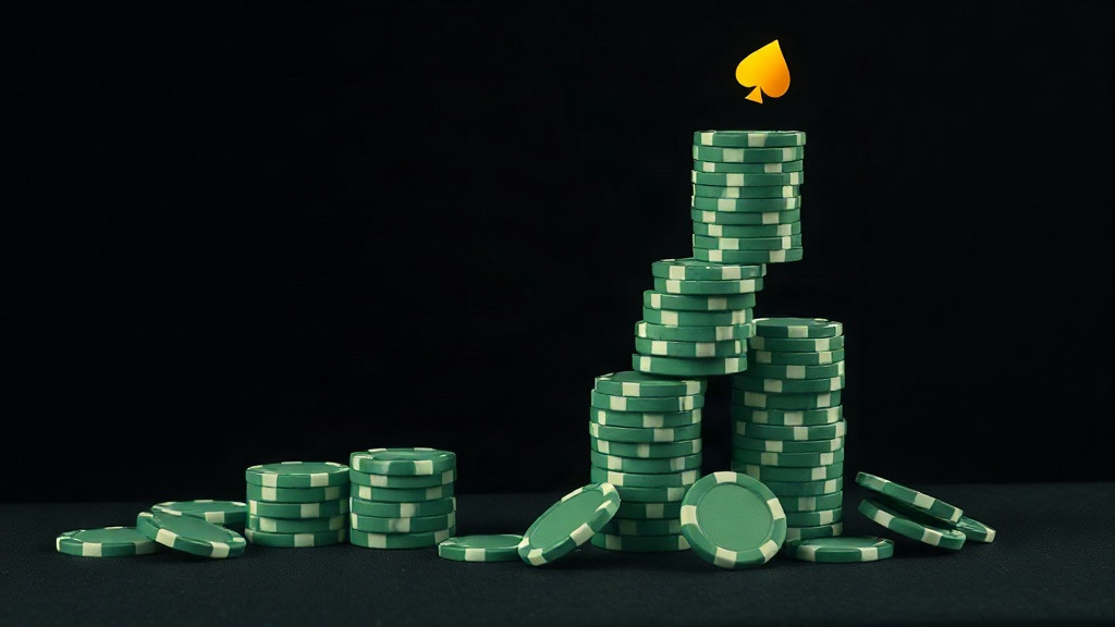 Green chip stacks climbing toward a gold spade with loose chips scattered at their base, illustrating why betting progressions do not beat the house edge