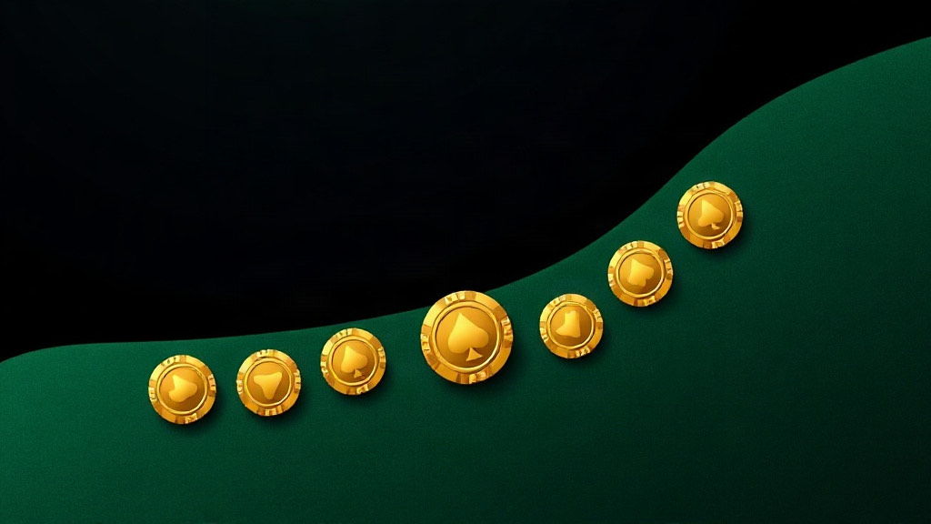 A curved row of gold chips marked with suit symbols along a green felt edge, illustrating how a blackjack dealer runs a hand