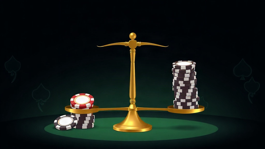 Gold balance scale weighing tall and small chip stacks, illustrating the blackjack house edge