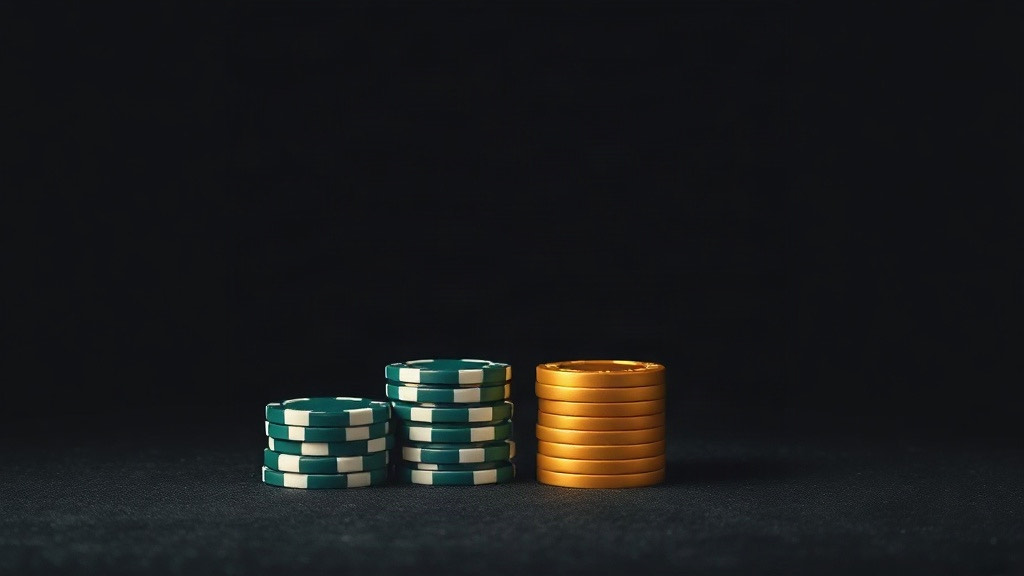 Three stacks of green and gold poker chips at unequal heights on charcoal, illustrating blackjack payout variants from 3:2 to 6:5