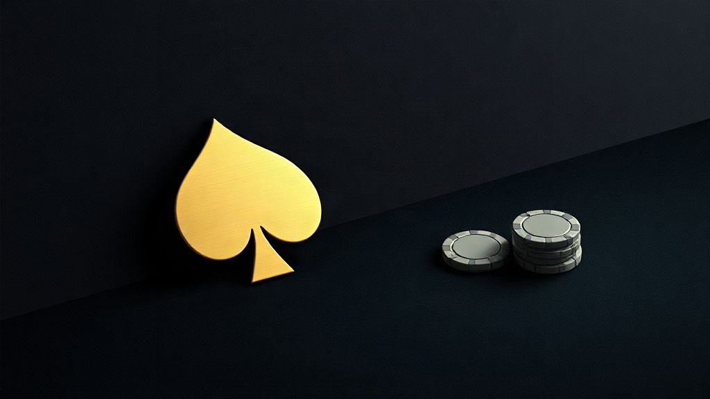 Gold spade glyph beside two stacks of poker chips on dark felt, illustrating blackjack practice away from a screen