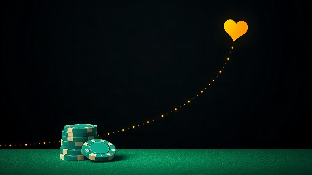 A dotted gold curve rising from a stack of green chips to a gold heart, illustrating keeping a blackjack practice log to track progress