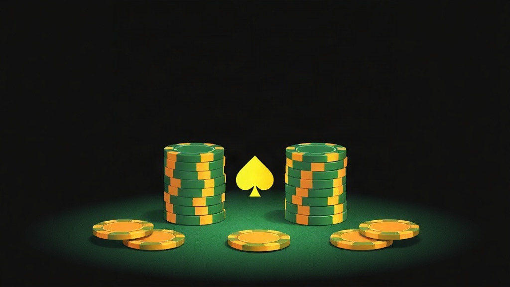 Two stacks of green and gold chips facing each other across green felt with a gold spade between them, illustrating practicing blackjack with a partner