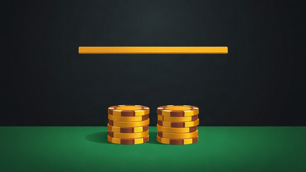 Two gold chip stacks of exactly equal height under a level gold bar on green felt, illustrating a push or tie in blackjack