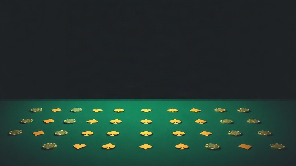 Rows of small gold suit symbols and green chips laid out in a neat grid on felt, illustrating a glossary of blackjack rule card abbreviations