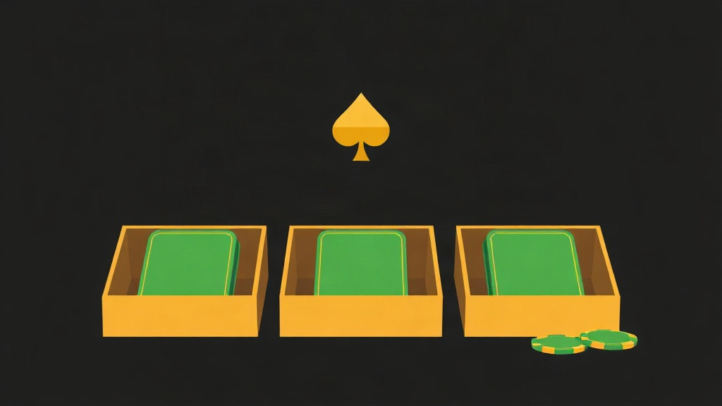 Three open gold boxes in a row, each holding a blank green tile, beneath a floating gold spade, illustrating a flashcard system for learning blackjack strategy