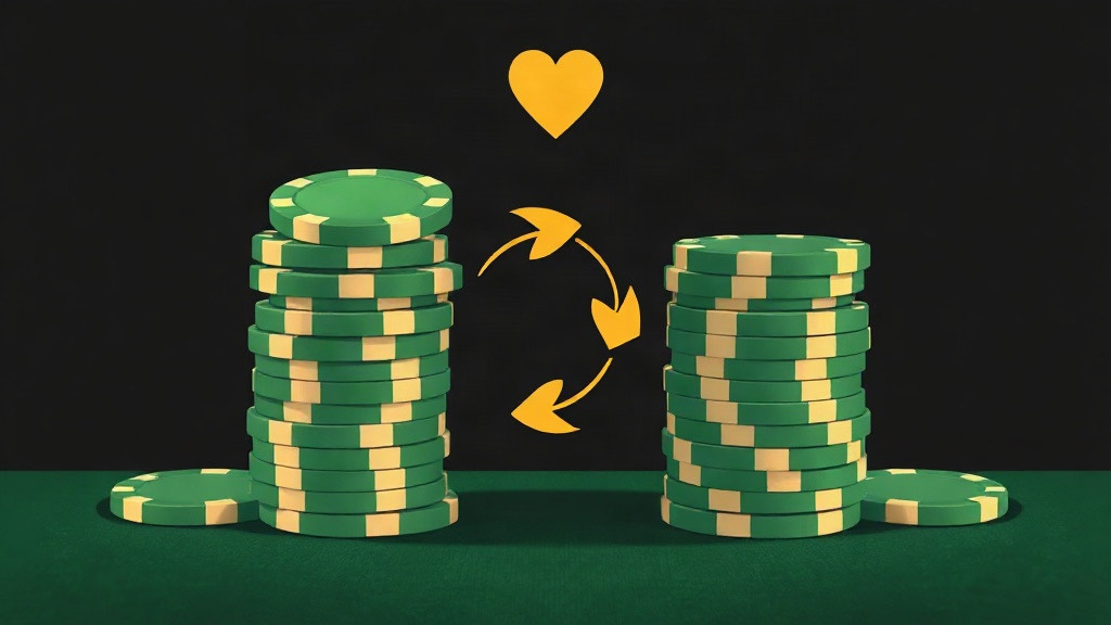 Two stacks of green chips with curved gold arrows swapping between them under a gold heart, illustrating Blackjack Switch