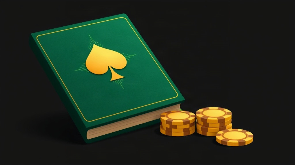 Green hardcover book with a gold spade emblem beside stacked gold chips, illustrating learning blackjack strategy from books and drills