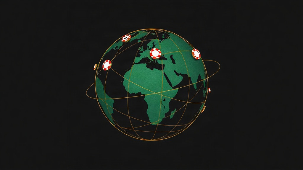 Green globe wrapped in gold orbit lines with poker chips circling it, illustrating how blackjack rules differ from Vegas to Macau