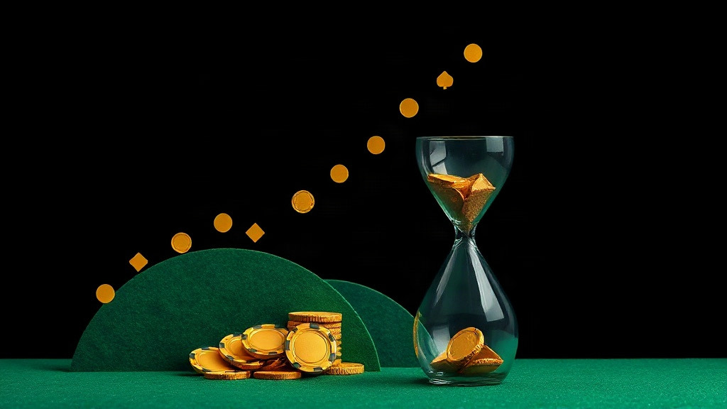 Hourglass filling with gold chips beside a chip pile on green felt, illustrating casino theoretical loss and blackjack comps