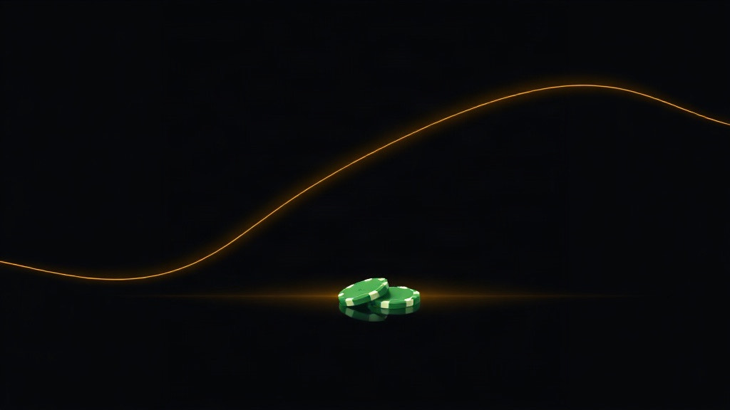 A glowing gold line rising and falling across a dark background above a pair of green chips, illustrating the chance of being ahead after many blackjack hands