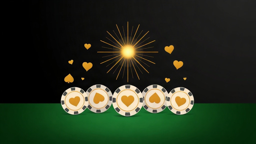 Five poker chips in a gentle arc under a gold starburst on green felt, illustrating the five-card Charlie rule in blackjack
