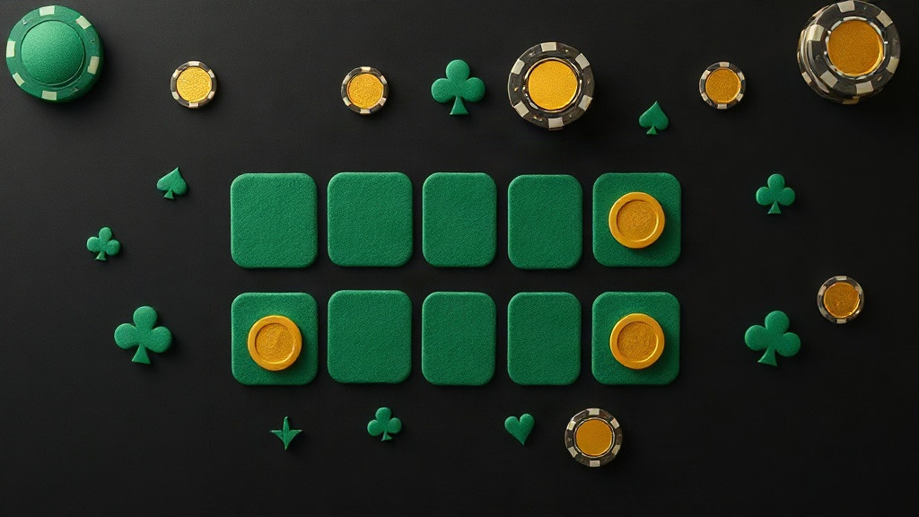Grid of green felt squares with a few marked by gold chips, illustrating the few blackjack strategy chart cells that change with the rules