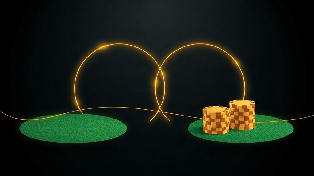 Two interlocking gold rings above green felt and chip stacks, illustrating counting cards while playing blackjack basic strategy