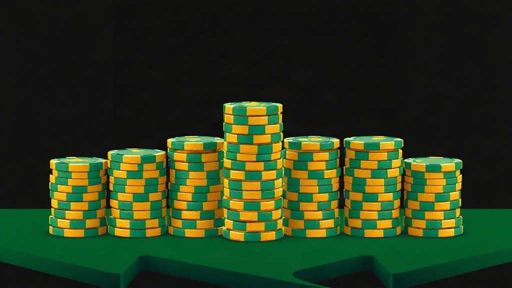 Seven stacks of green and gold chips with the middle one tallest on green felt, illustrating the dealer's final total distribution in blackjack