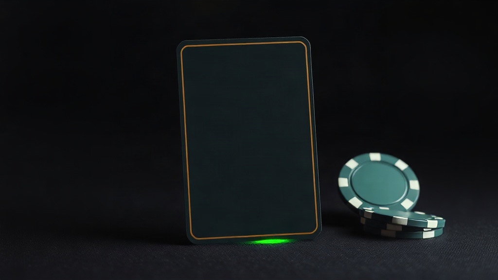 Blank gold-edged card standing over a green glow beside poker chips, illustrating the blackjack dealer peek rule