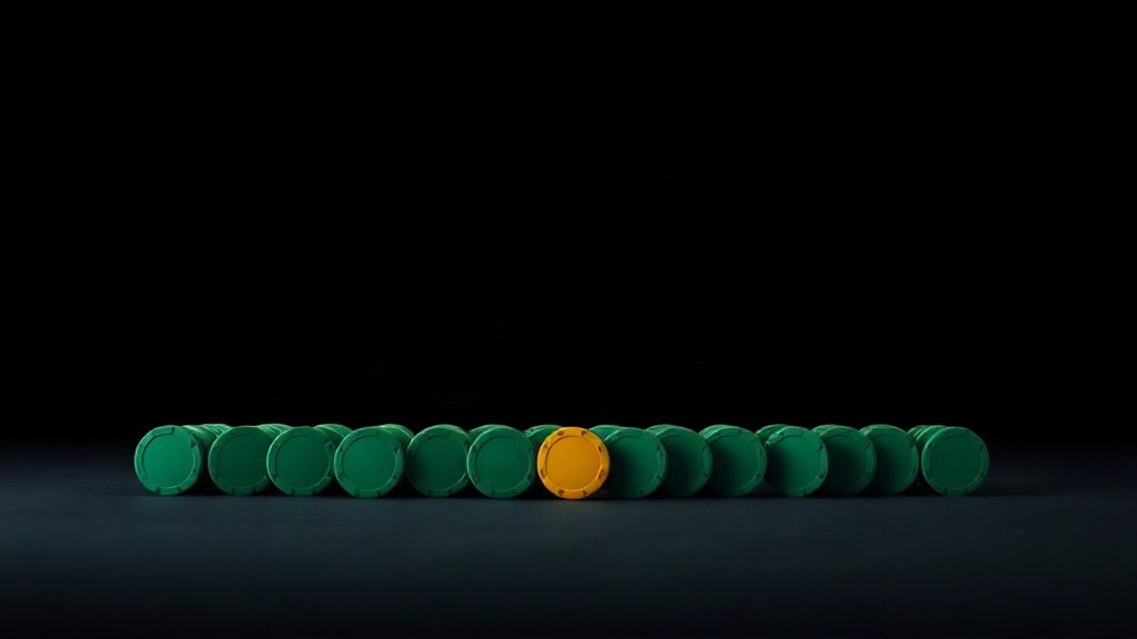 A long row of green chips with a single gold chip among them, illustrating a cut card in a blackjack shoe and deck penetration
