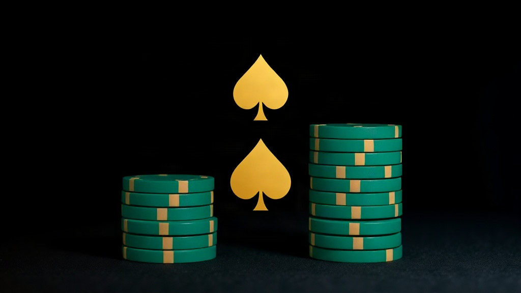 Two stacks of green chips, the right one nearly twice as tall, beside two gold spades on dark felt, illustrating Double Attack blackjack