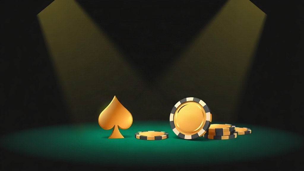 Two gold spotlights shining on a gold spade and poker chips on green felt, illustrating double exposure blackjack with both dealer cards face up