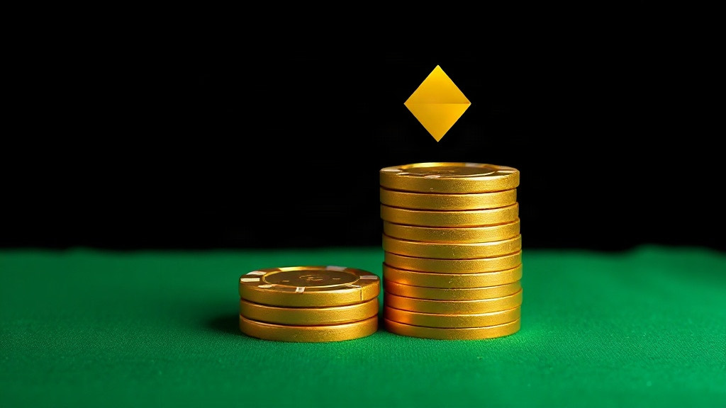 A short stack of gold chips beside a taller stack on green felt under a gold diamond, illustrating doubling for less in blackjack