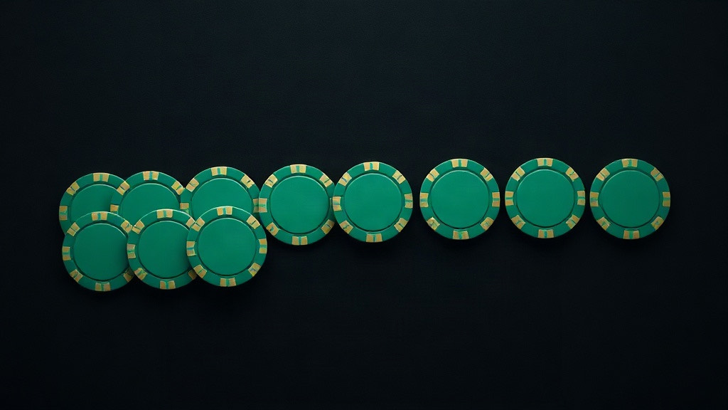 A row of green chips on dark felt, clustered on the left and evenly spaced on the right, illustrating the two families of dealer upcards