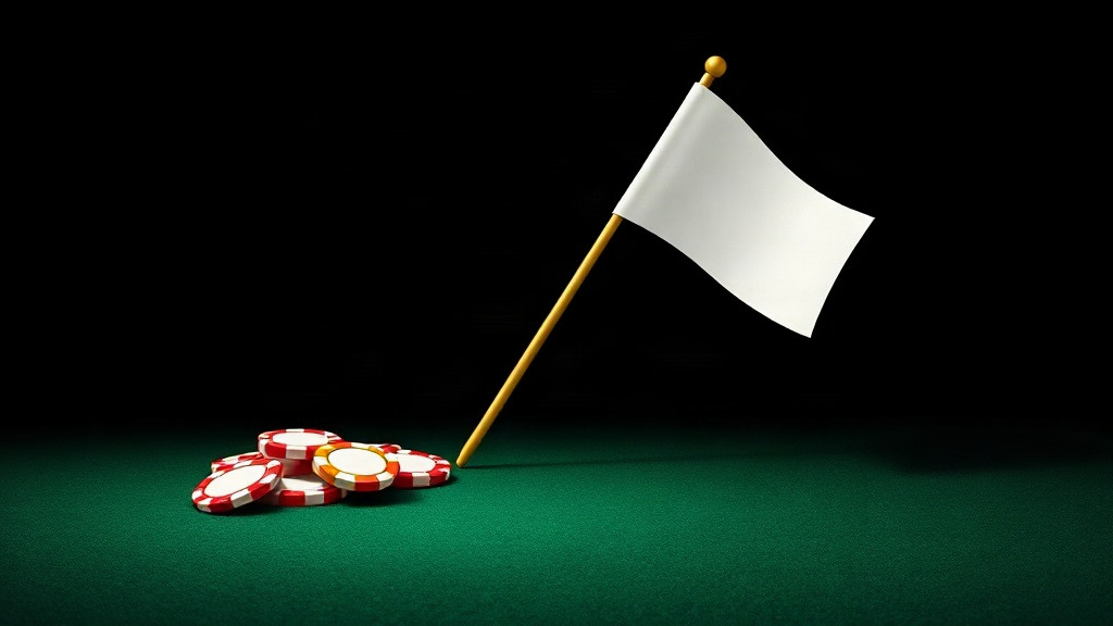 White surrender flag on a gold pole tipped over beside poker chips on green felt, illustrating the withdrawn early surrender rule in blackjack