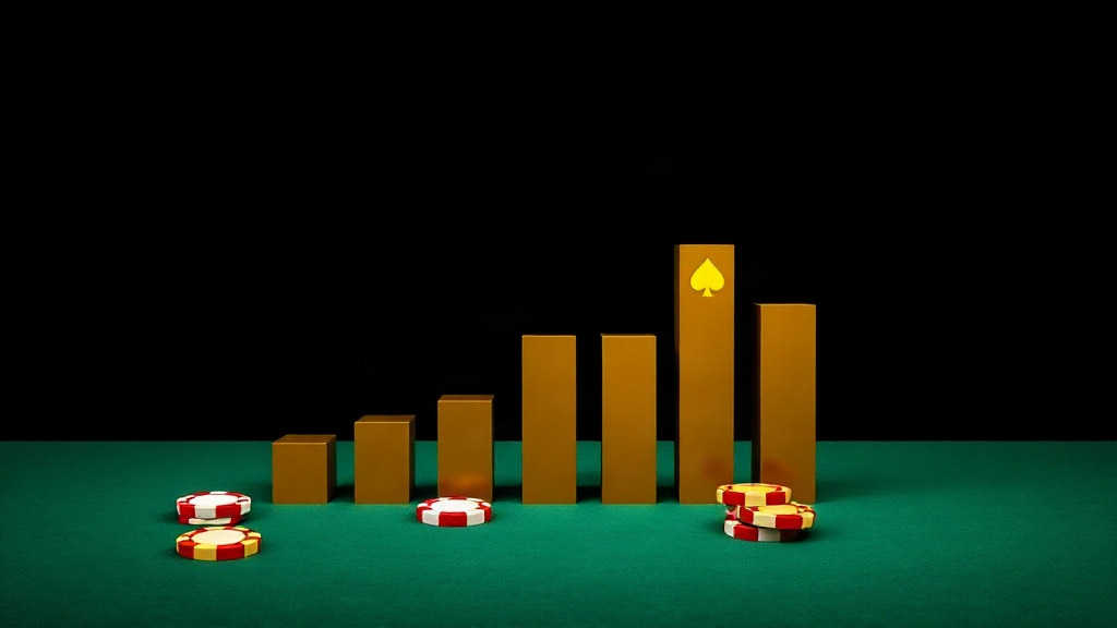 Gold bar chart above green felt with a spade glyph and poker chips, illustrating expected value in blackjack