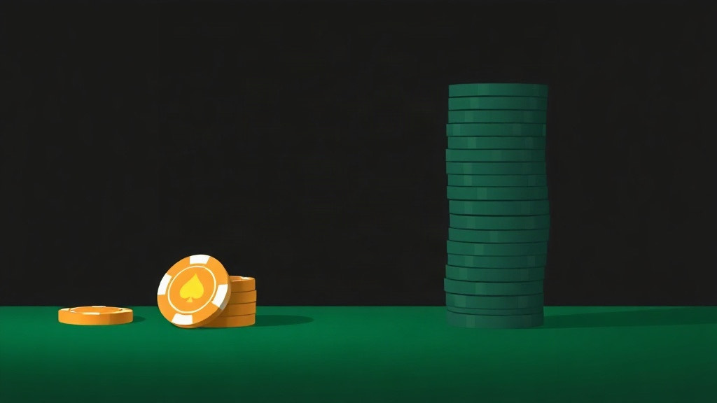 A small gold chip stack facing a much taller green chip stack on felt, illustrating hard 15 against a dealer 10 in blackjack