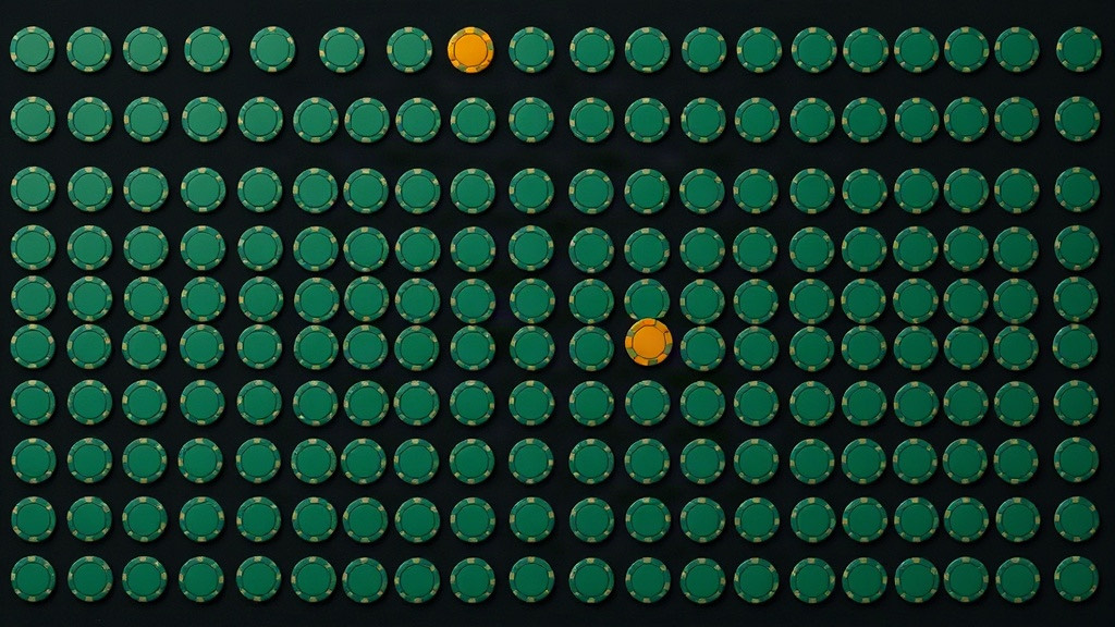A grid of green chips with two gold chips among them, illustrating the mix of hands in a hundred blackjack practice hands