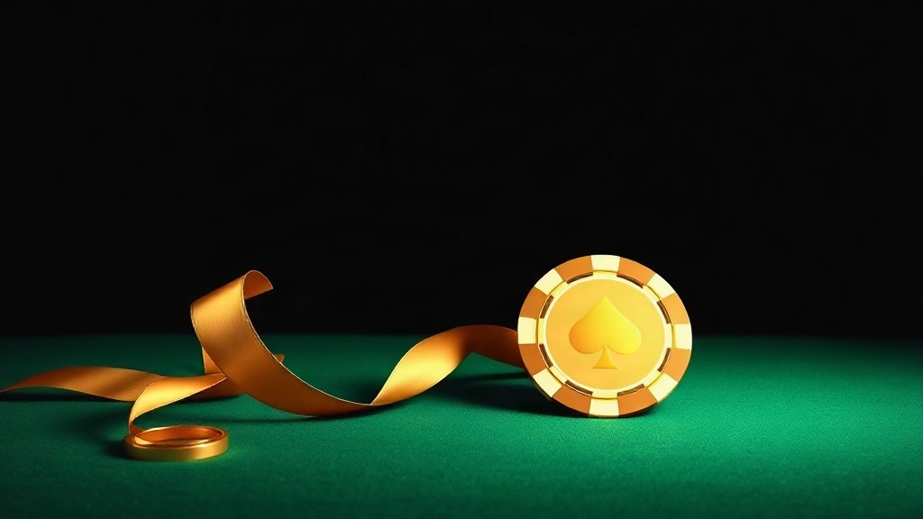 A gold poker chip on green felt beside a flowing gold ribbon, illustrating free doubles and free splits in Free Bet blackjack