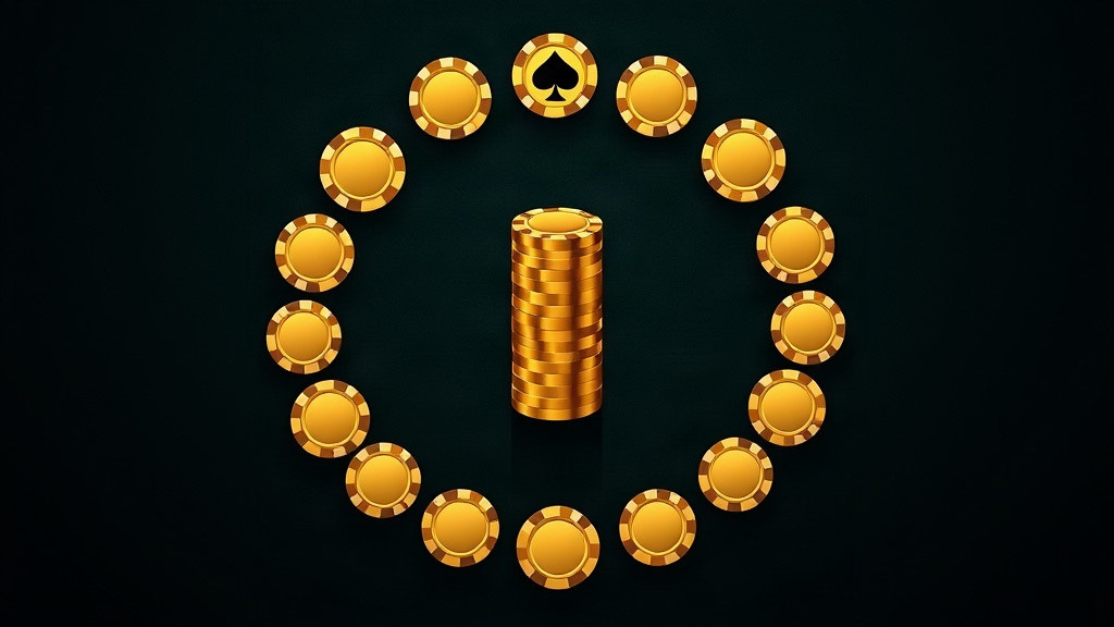 Ring of gold poker chips arranged like a clock face around a central stack, illustrating blackjack hands per hour and exposure