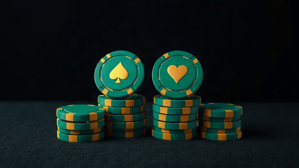 Two matching stacks of green chips, one topped with a gold spade and one with a gold heart, illustrating blackjack hands that look alike but play differently