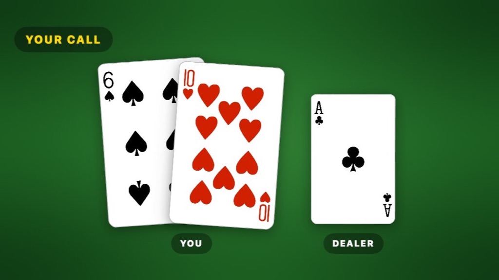 A 6 and a 10 beside a dealer ace on green felt, illustrating hard 16 against a dealer ace in blackjack