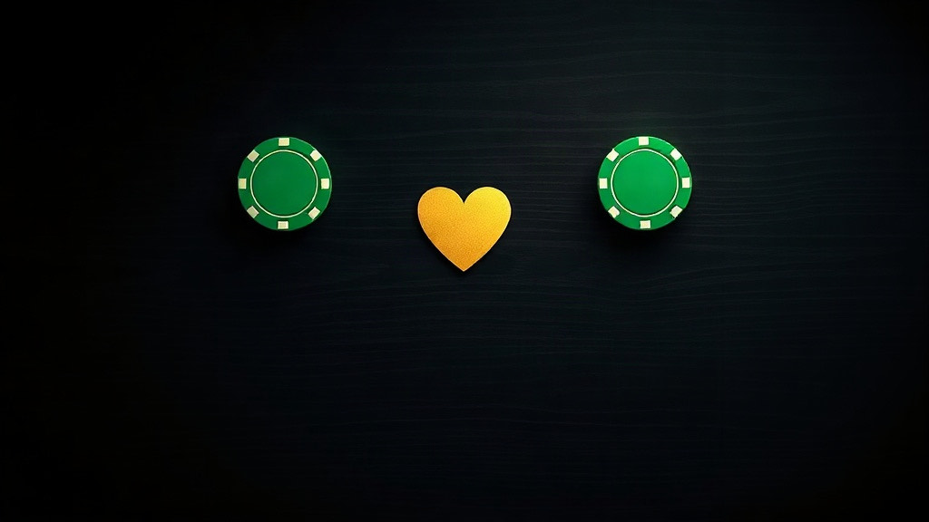 Two green chips on either side of a gold heart on a dark wooden table, illustrating a home blackjack game played without real money