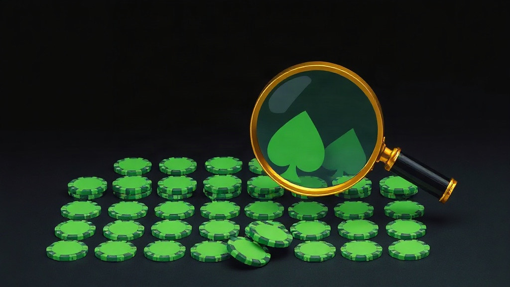 A gold magnifying glass over rows of green chips, enlarging a green spade, illustrating how card counting numbers are tested