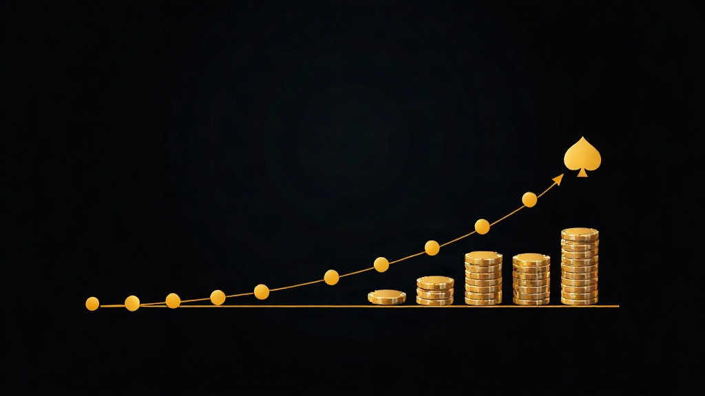 Rising line of gold dots above growing chip stacks, illustrating how long it takes to learn card counting