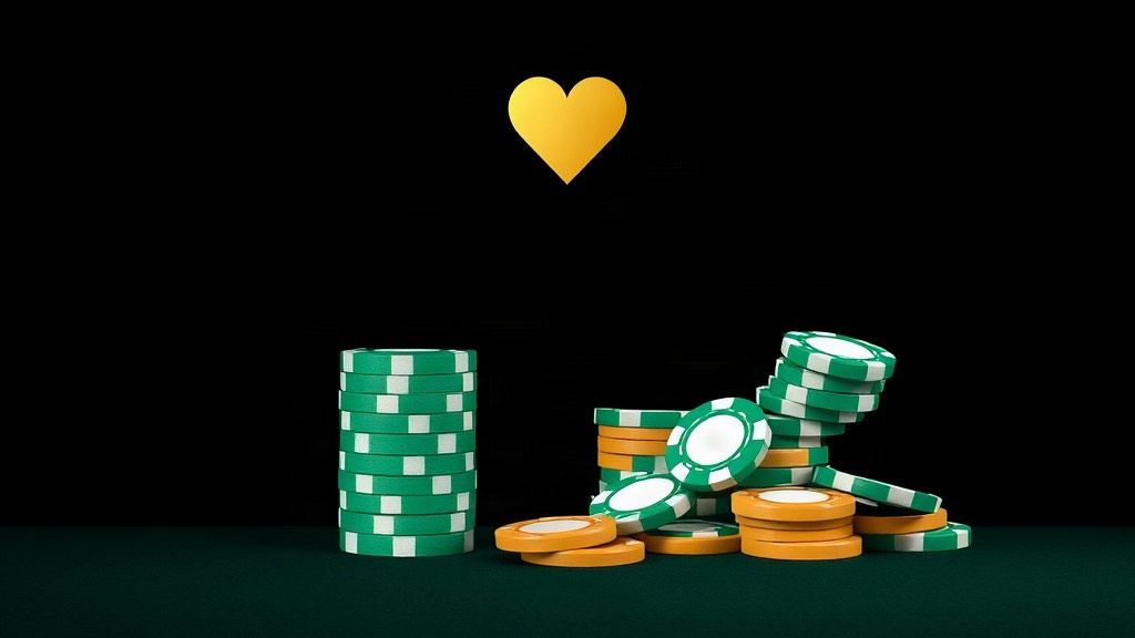 A neat stack of green chips beside a toppled pile of green and gold chips under a gold heart, illustrating how often the player and the dealer bust