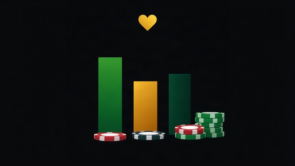 Green, gold and dark green bars of different heights beneath a gold heart with a few chips, illustrating the share of blackjack rounds won, pushed and lost