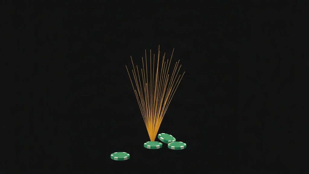 Fine gold threads fanning out upward from a single point among a few green chips, illustrating how the true count spreads wider through a shoe
