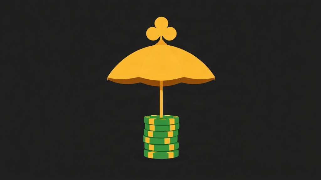 A gold umbrella over a stack of green and gold chips beneath a gold club, illustrating when blackjack insurance pays