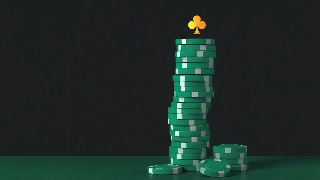 A tall leaning stack of green chips topped by a small gold club, illustrating the KO running count climbing through a shoe