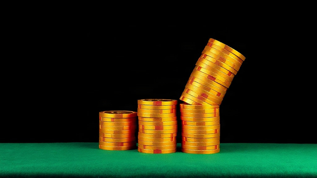 Gold chip stacks growing taller from left to right with the tallest one toppling, illustrating why the Martingale betting system fails in blackjack