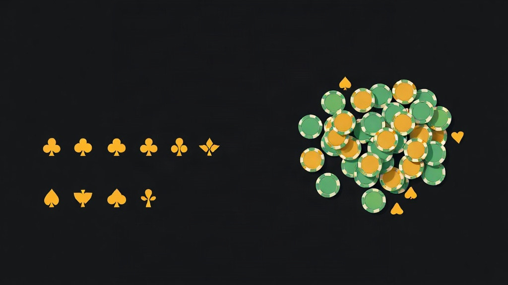 Gold suit symbols lined up in neat rows beside a loose scattered pile of green and gold chips, illustrating blocked versus mixed blackjack drills